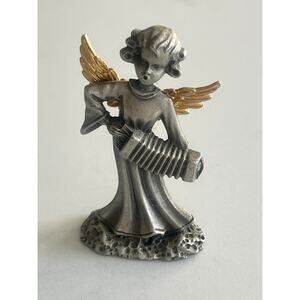 Angel, Accordion, Golden Wings, Christian, Christmas, Pewter, Statue, Miniature,